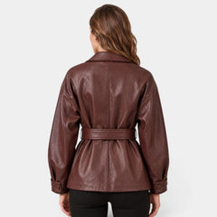 Faux Leather Jacket with Belt and Wide Collar