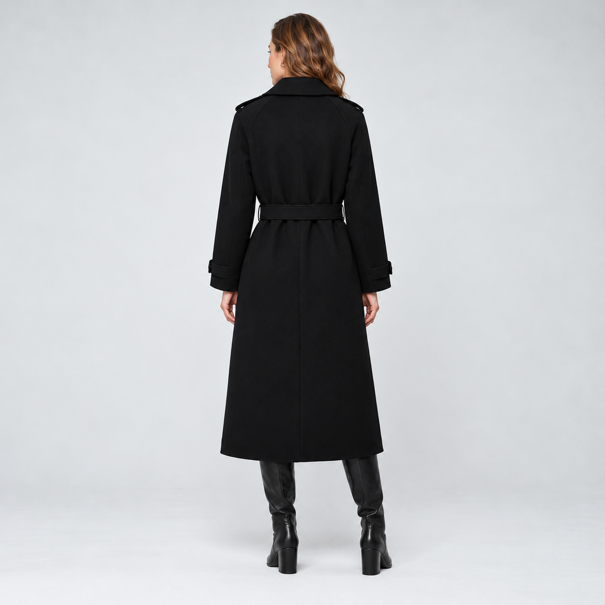 Women's Black Long Wool Blend Coat - Belted Wrap Style