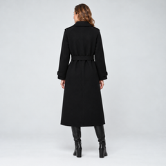 Women's Black Long Wool Blend Coat - Belted Wrap Style