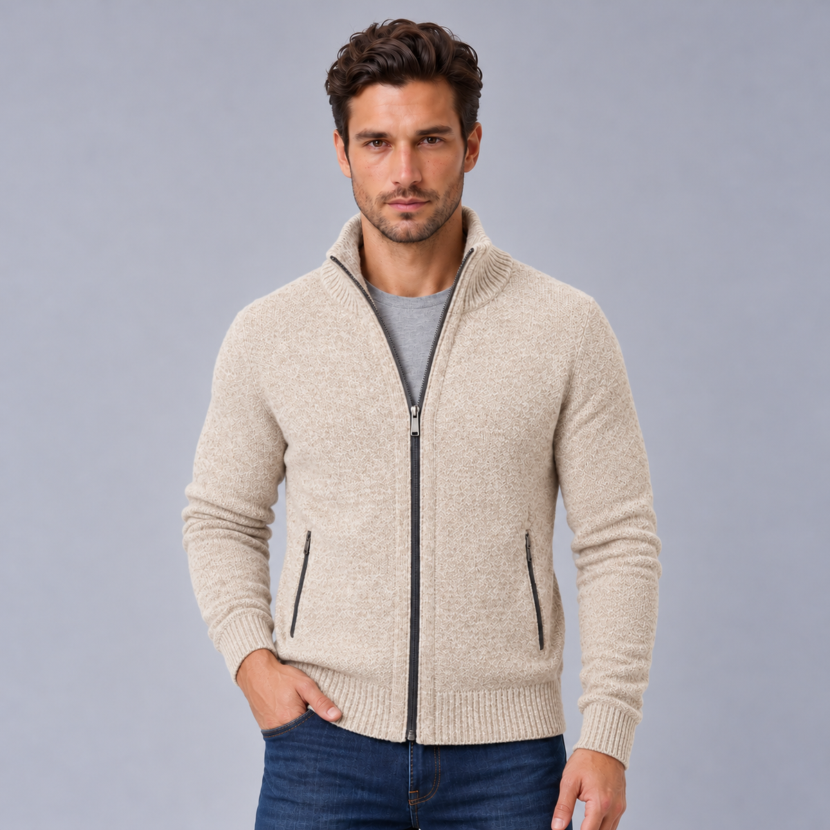 Men's Merino Wool Full-Zip Cardigan Sweater - Mock Neck