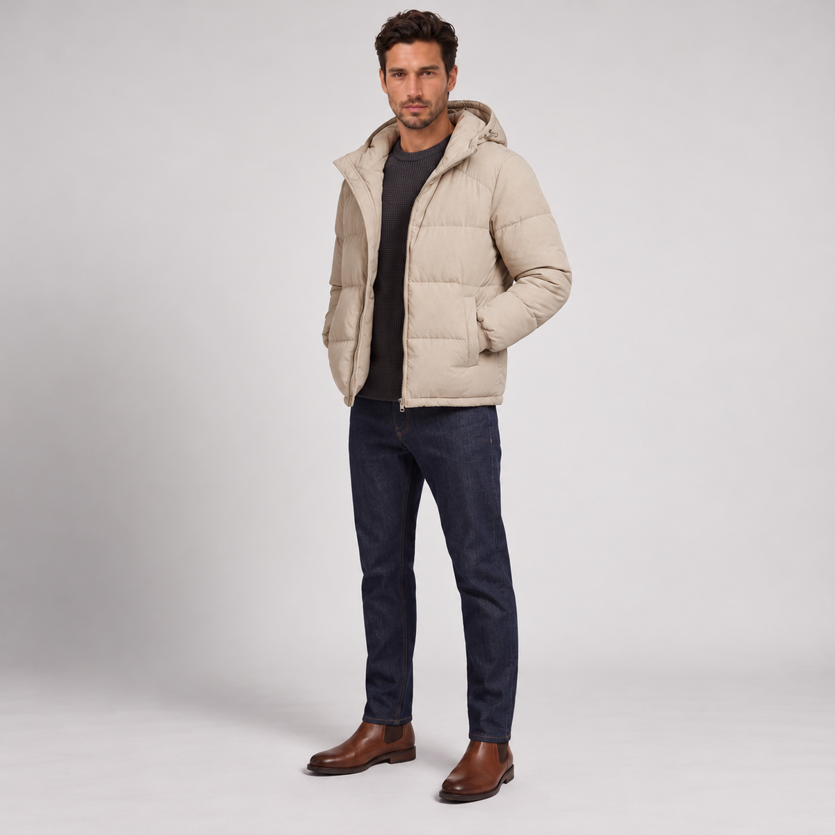 Chaqueta Acolchada con Capucha para Hombre, Cierre de Cremallera