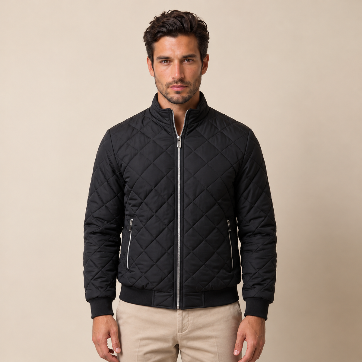 Men's Black Quilted Bomber Jacket - Padded Zip-Up