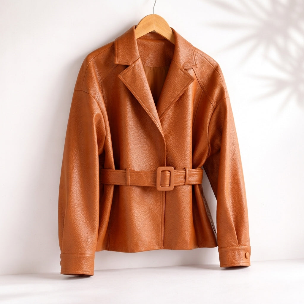 Faux Leather Jacket with Belt and Wide Collar