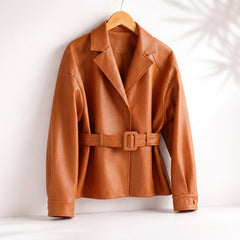 Women's Faux Leather Belted Jacket with Wide Collar - Open Front
