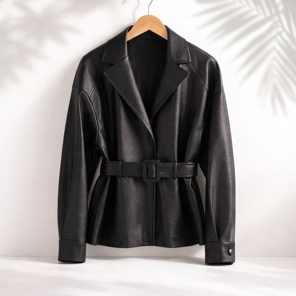 Women's Faux Leather Belted Jacket with Wide Collar - Open Front