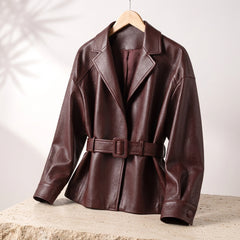 Faux Leather Jacket with Belt and Wide Collar