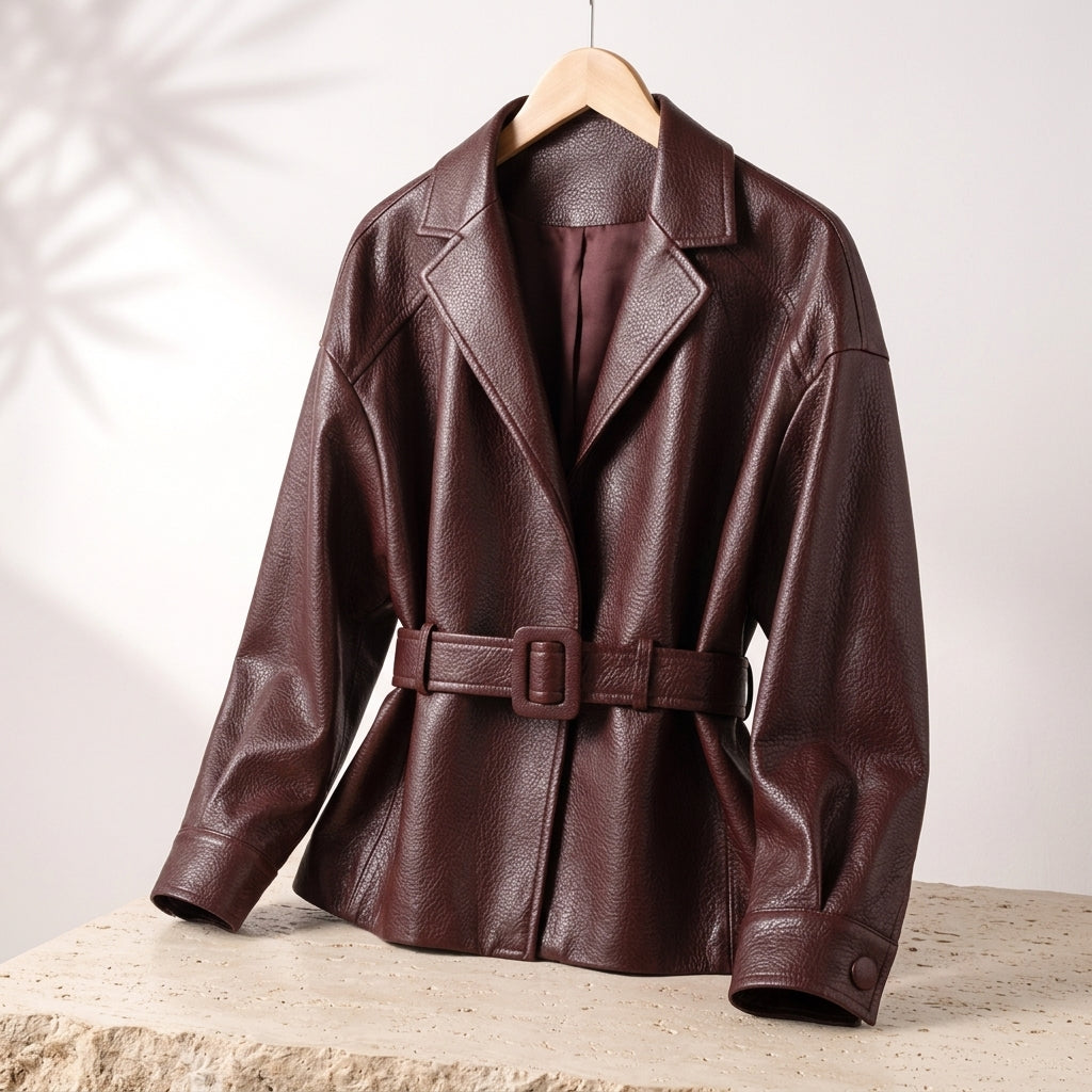 Women's Faux Leather Belted Jacket with Wide Collar - Open Front