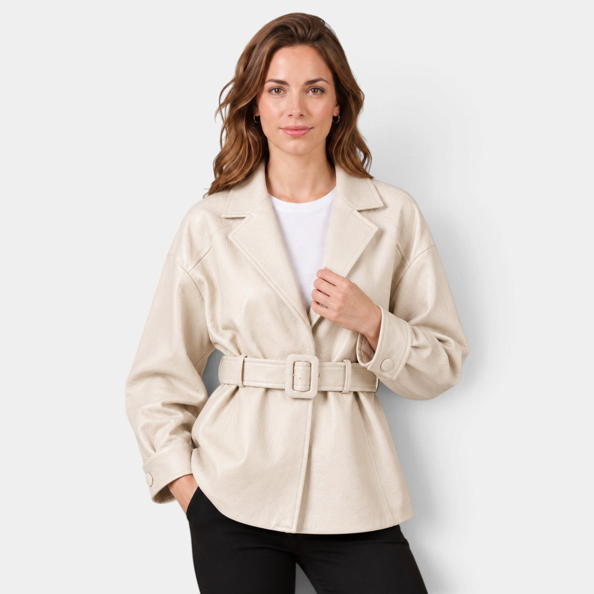 Faux Leather Jacket with Belt and Wide Collar