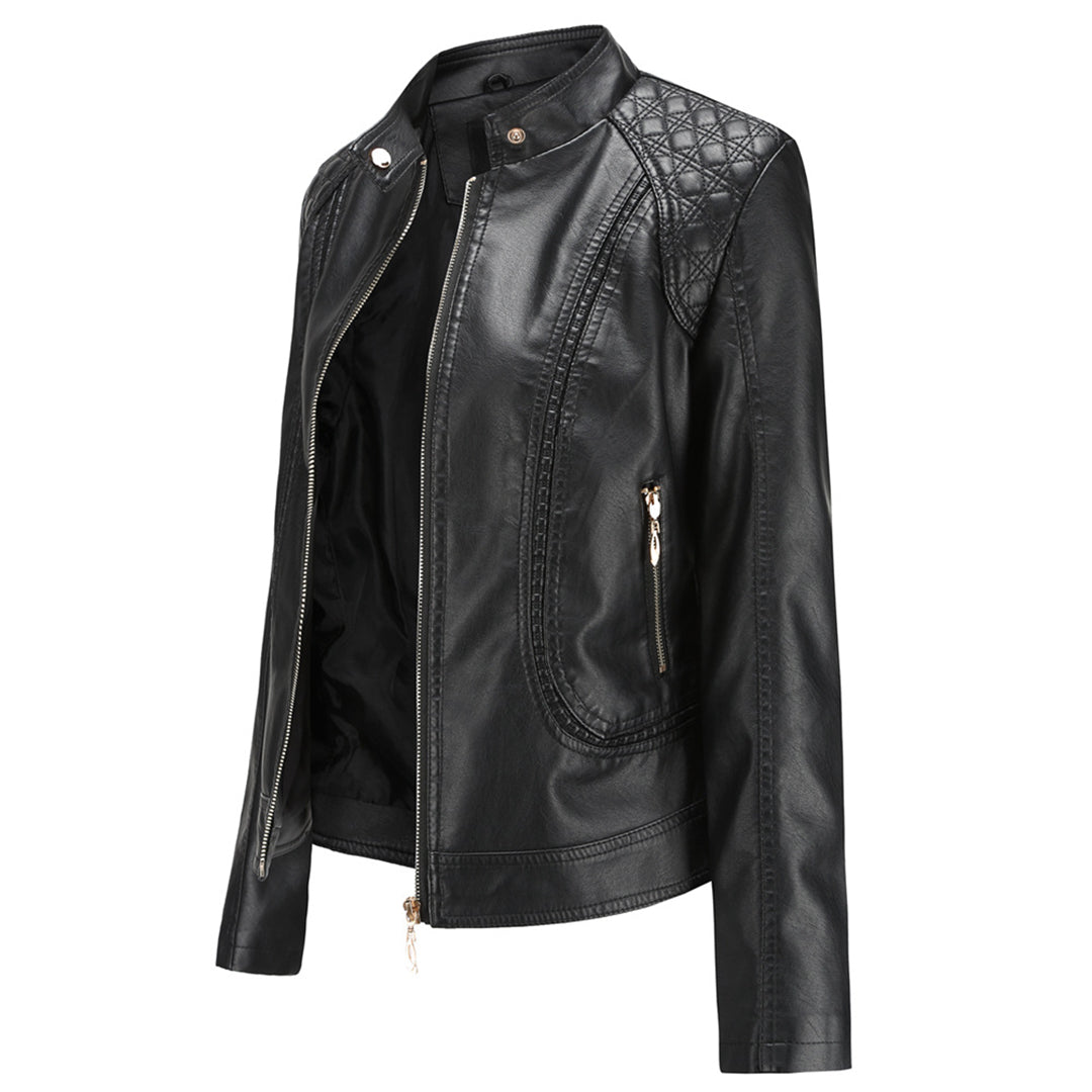 Chaqueta Biker Mujer Cropped en Polipiel con Cuello Alto