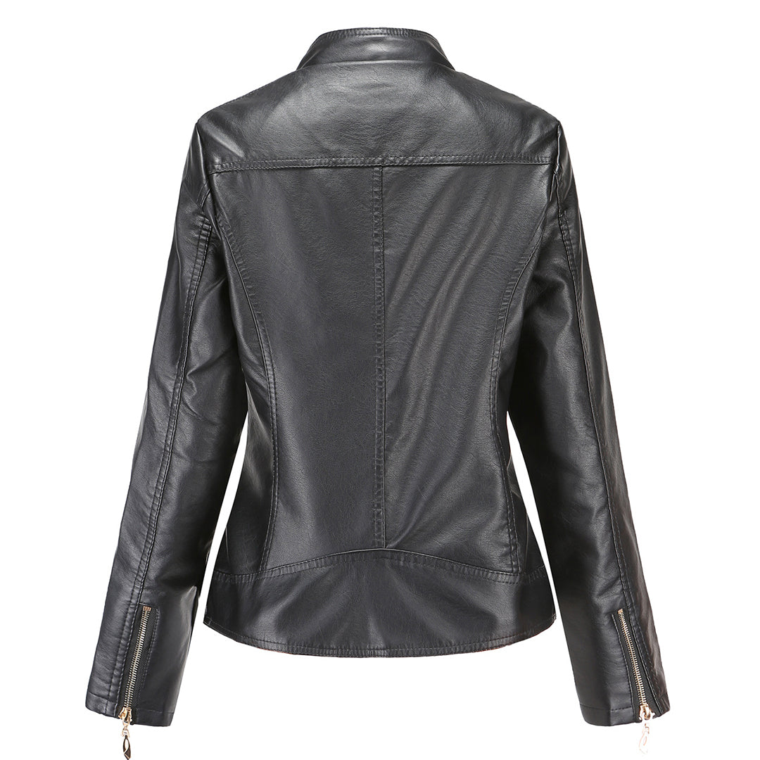 Chaqueta Biker Mujer Cropped en Polipiel con Cuello Alto