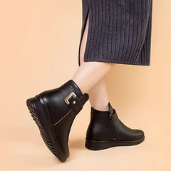 Women's Black Leather Ankle Boots - Sherpa Lining, Gold Buckle