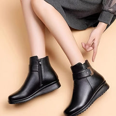 Women's Black Leather Ankle Boots - Sherpa Lining, Gold Buckle