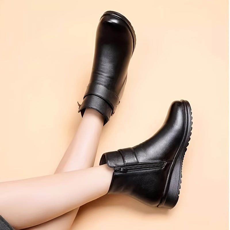 Women's Black Leather Ankle Boots - Sherpa Lining, Gold Buckle