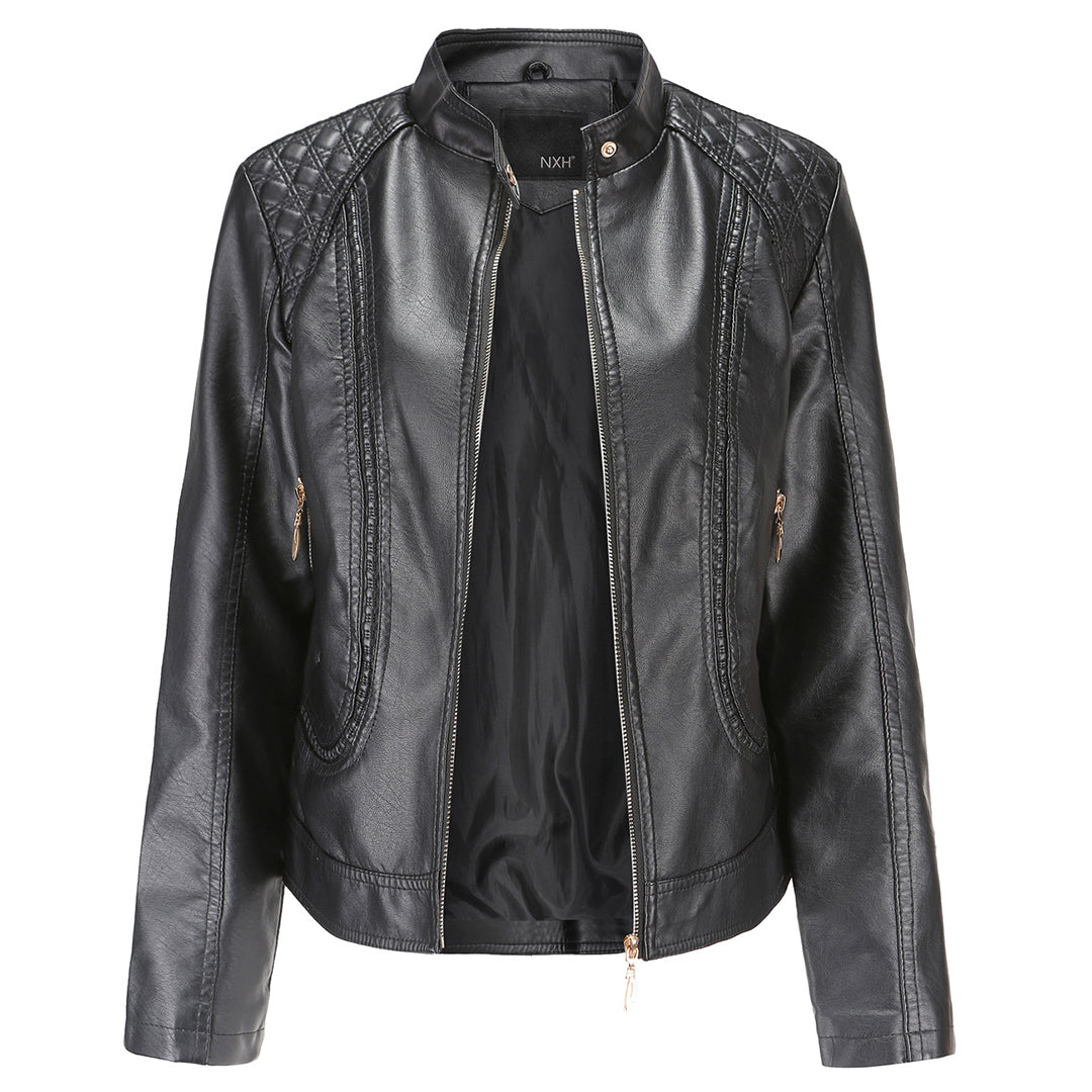 Chaqueta Biker Mujer Cropped en Polipiel con Cuello Alto