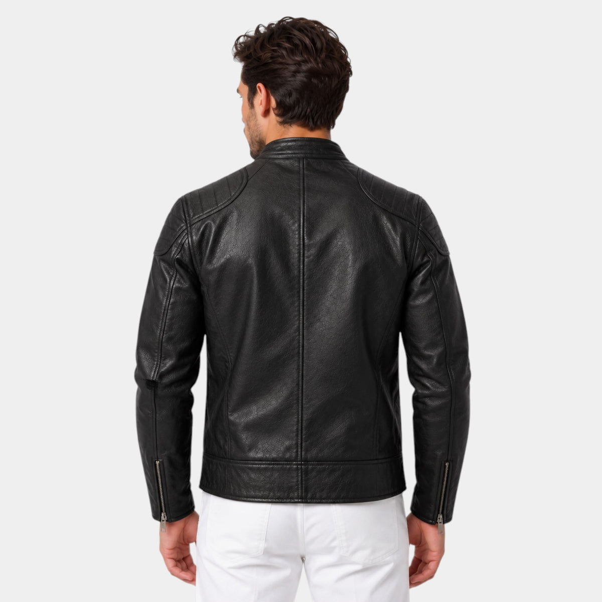 Chaqueta de Cuero Genuino Hombre Cuello Alzado con Cremallera