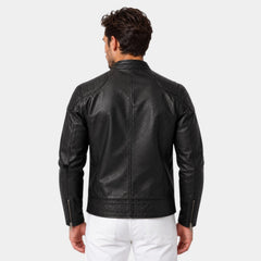 Chaqueta de Cuero Genuino Hombre Cuello Alzado con Cremallera