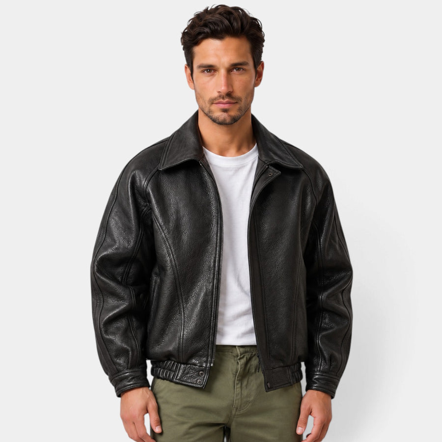 Men's black leather jacket with zipper and elastic hem