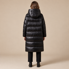 Women's Black Long Hooded Puffer Coat - Quilted Winter Parka
