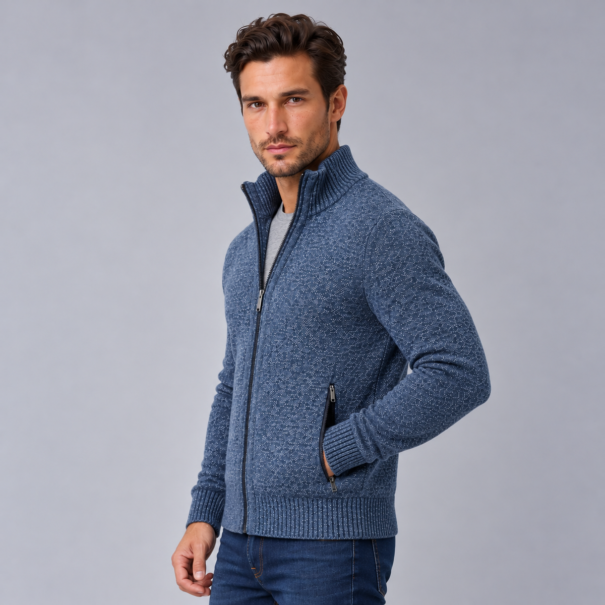 Men's Merino Wool Full-Zip Cardigan Sweater - Mock Neck