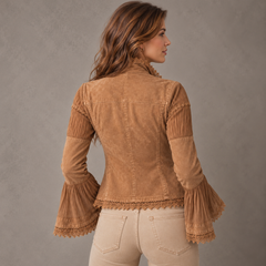 Women's Khaki Boho Vintage Jacket - Lace Trim, Bell Sleeves