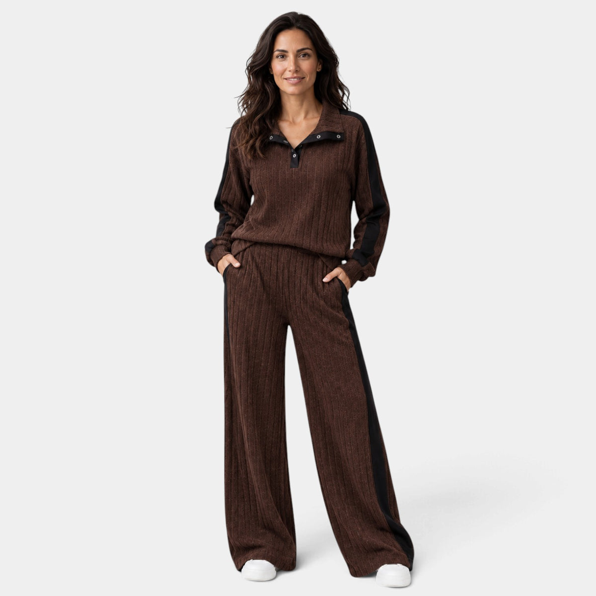 Conjunto de Punto a Rayas con Ribete Contraste para Mujer