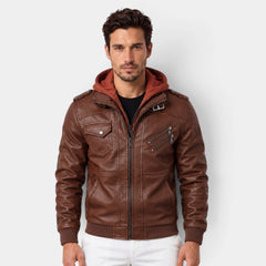 Men's warm hooded leather jacket
