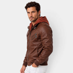 Men's warm hooded leather jacket