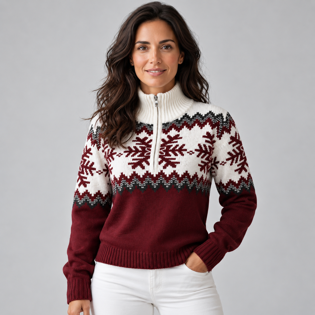 Jersey Fair Isle Mujer Media Cremallera Cuello Embudo Copos de Nieve