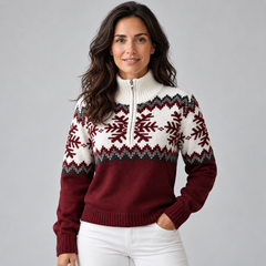 Jersey Fair Isle Mujer Media Cremallera Cuello Embudo Copos de Nieve