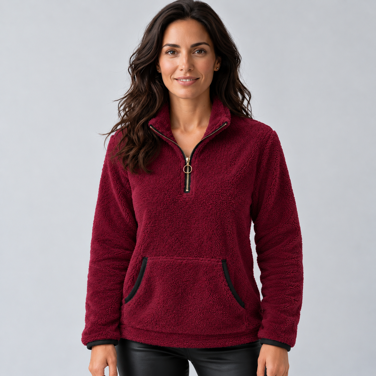 Jersey Mujer de Borreguito con Media Cremallera y Cuello Alto
