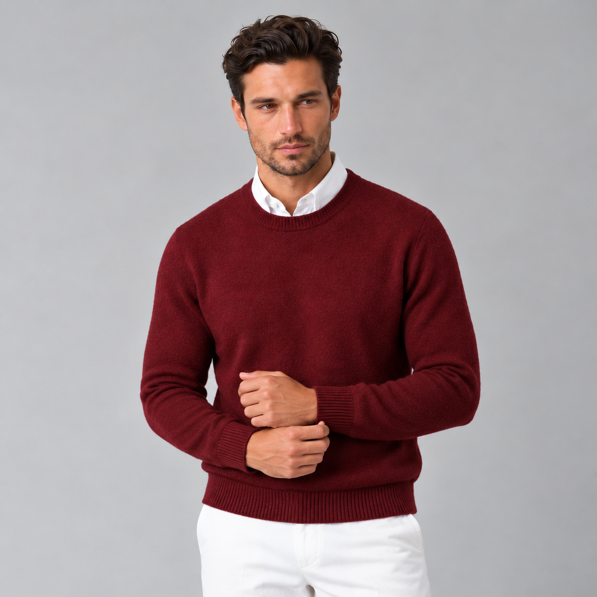 Men's Cashmere Crew Neck Sweater - Regular Fit, Ribbed Trim