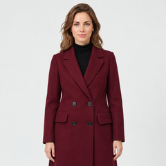 Women's Burgundy Long Double-Breasted Coat - Notch Lapel