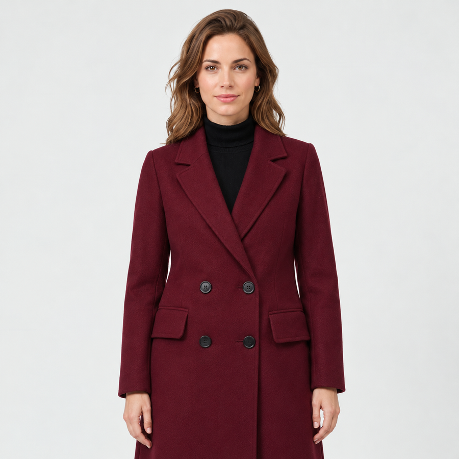 Women's Burgundy Long Double-Breasted Coat - Notch Lapel