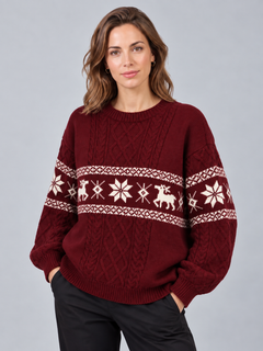 Jersey Navideño Mujer Oversize Trenzas y Renos Tonales
