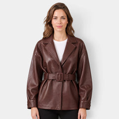 Faux Leather Jacket with Belt and Wide Collar
