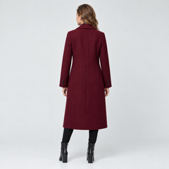 Women's Burgundy Long Double-Breasted Coat - Notch Lapel