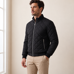 Men's Black Quilted Bomber Jacket - Padded Zip-Up