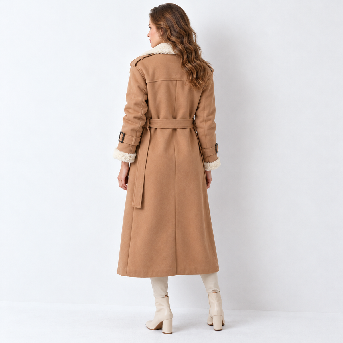 Women's Quilted Trench Coat with Sherpa Collar - Padded