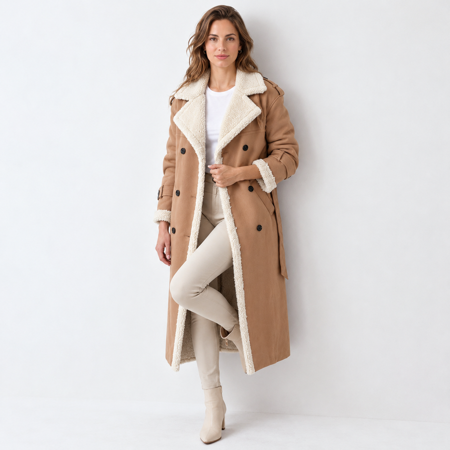 Women's Quilted Trench Coat with Sherpa Collar - Padded