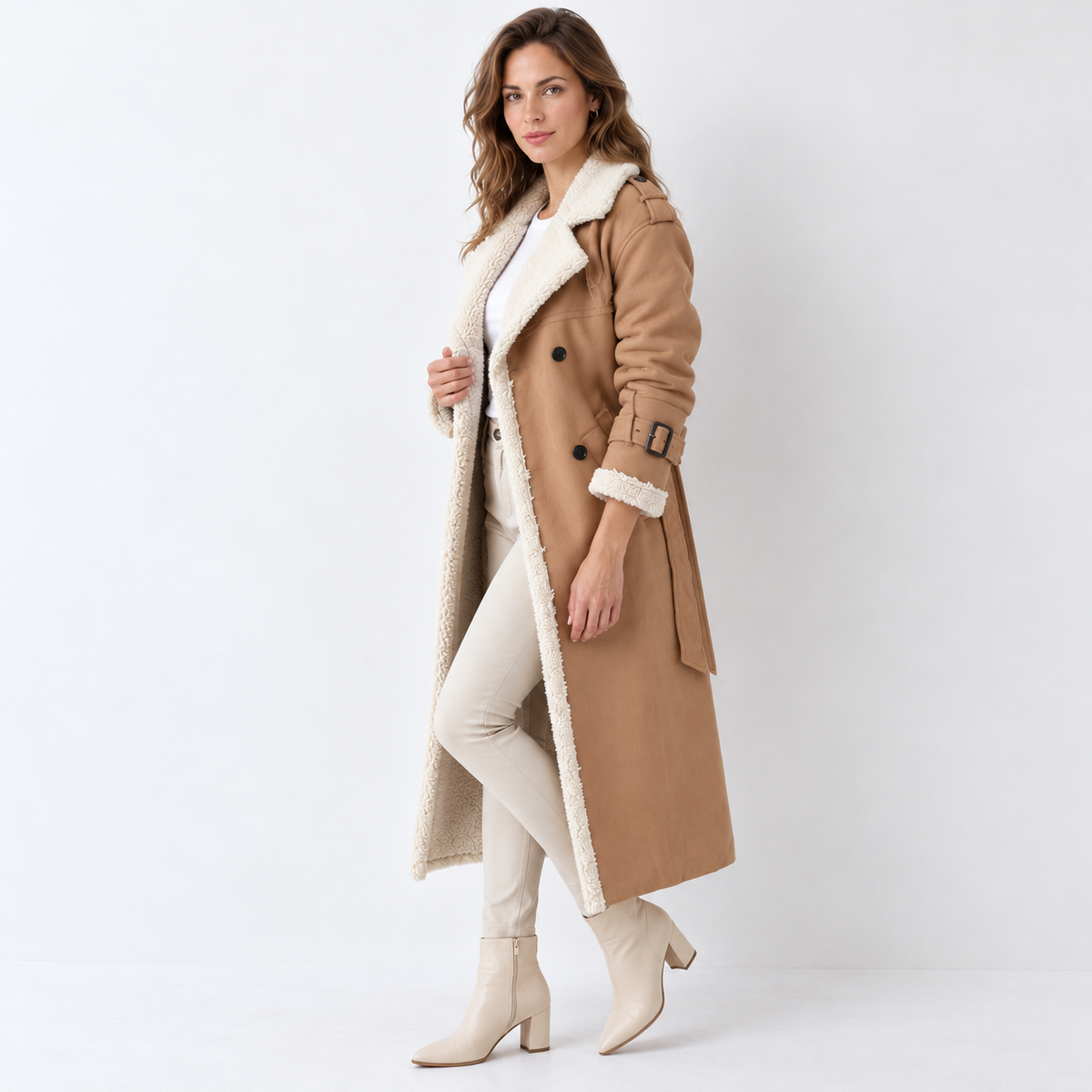 Women's Quilted Trench Coat with Sherpa Collar - Padded
