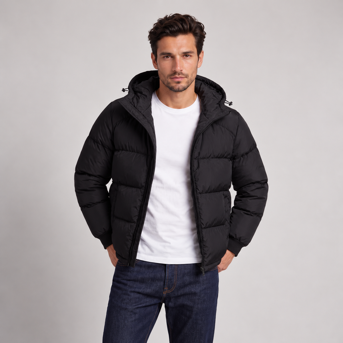 Chaqueta Acolchada con Capucha para Hombre, Cierre de Cremallera