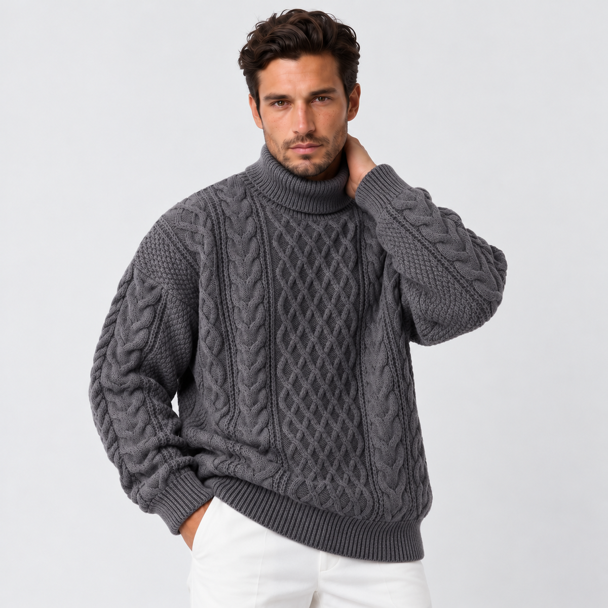 Men's Chunky Knit Jacquard Turtleneck Sweater