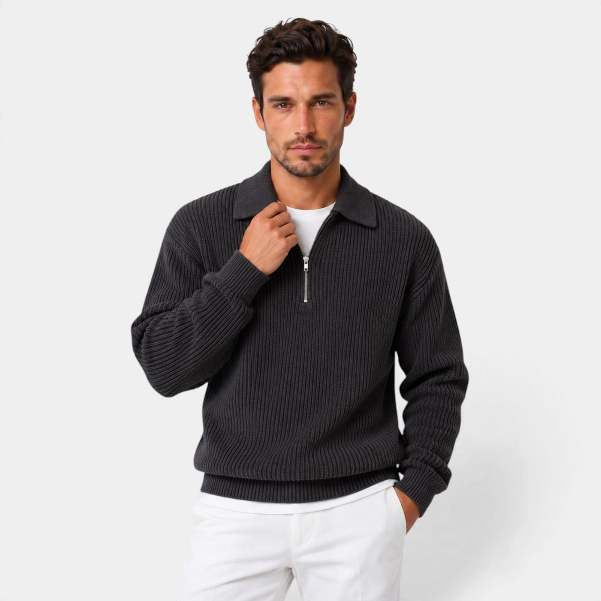 Jersey Cremallera Hombre de Punto Acanalado