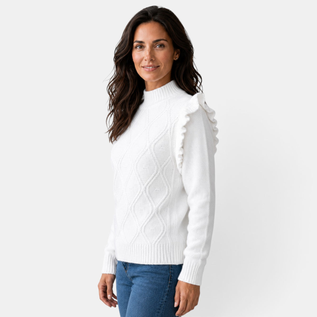 Suéter Mujer Cuello Alto Volantes