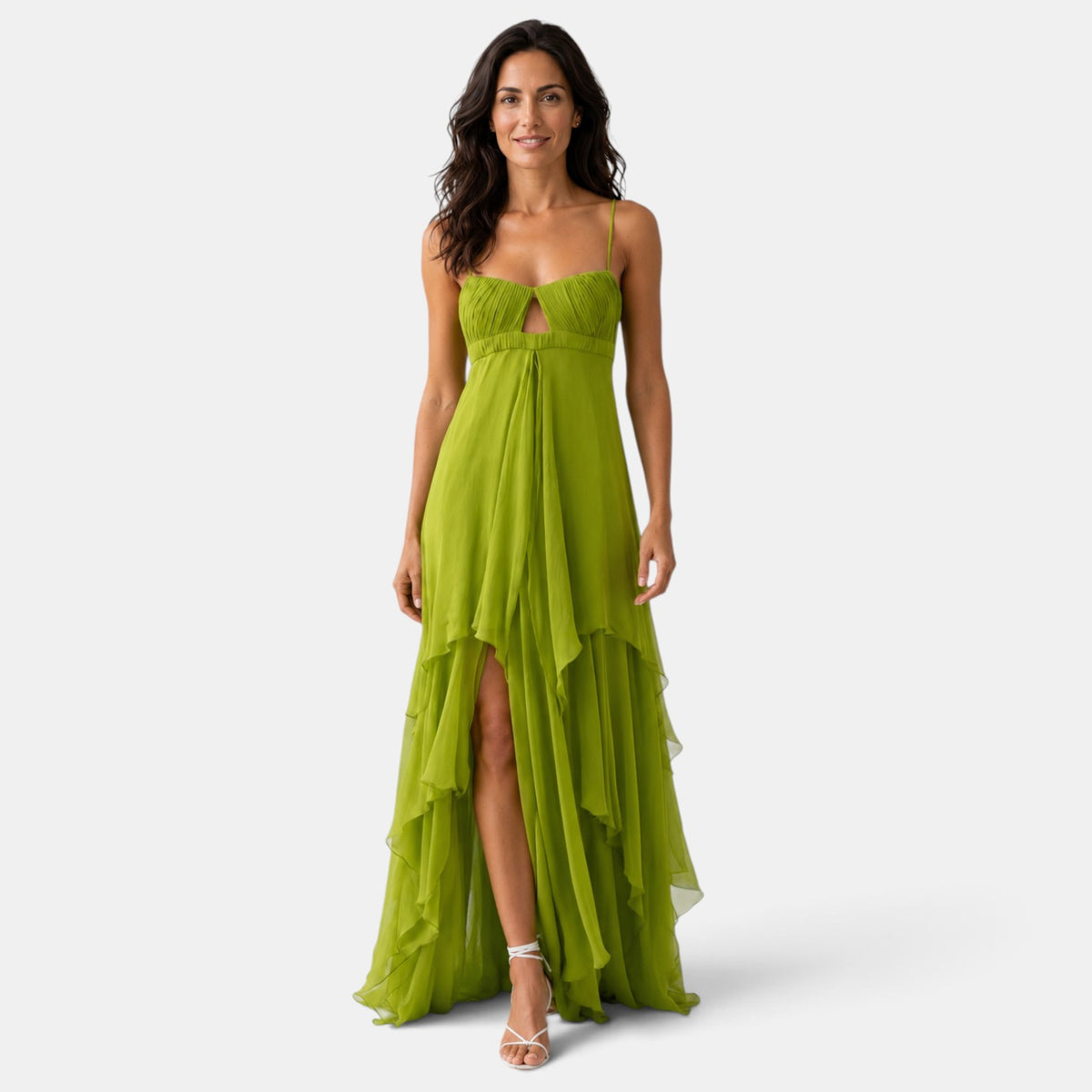 Long Wedding Guest Dress with Ruffles and Cut Outs