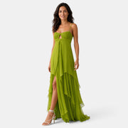 Long Wedding Guest Dress with Ruffles and Cut Outs