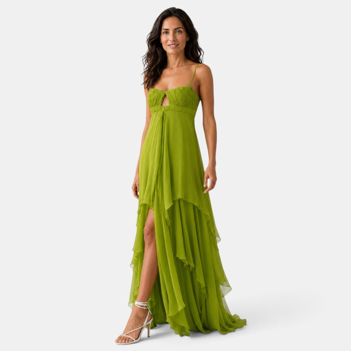 Long Wedding Guest Dress with Ruffles and Cut Outs