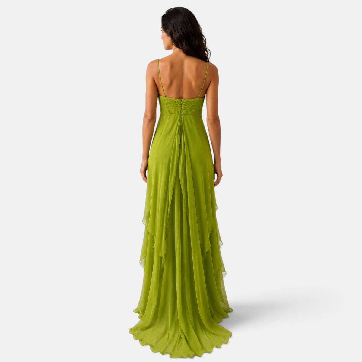 Long Wedding Guest Dress with Ruffles and Cut Outs