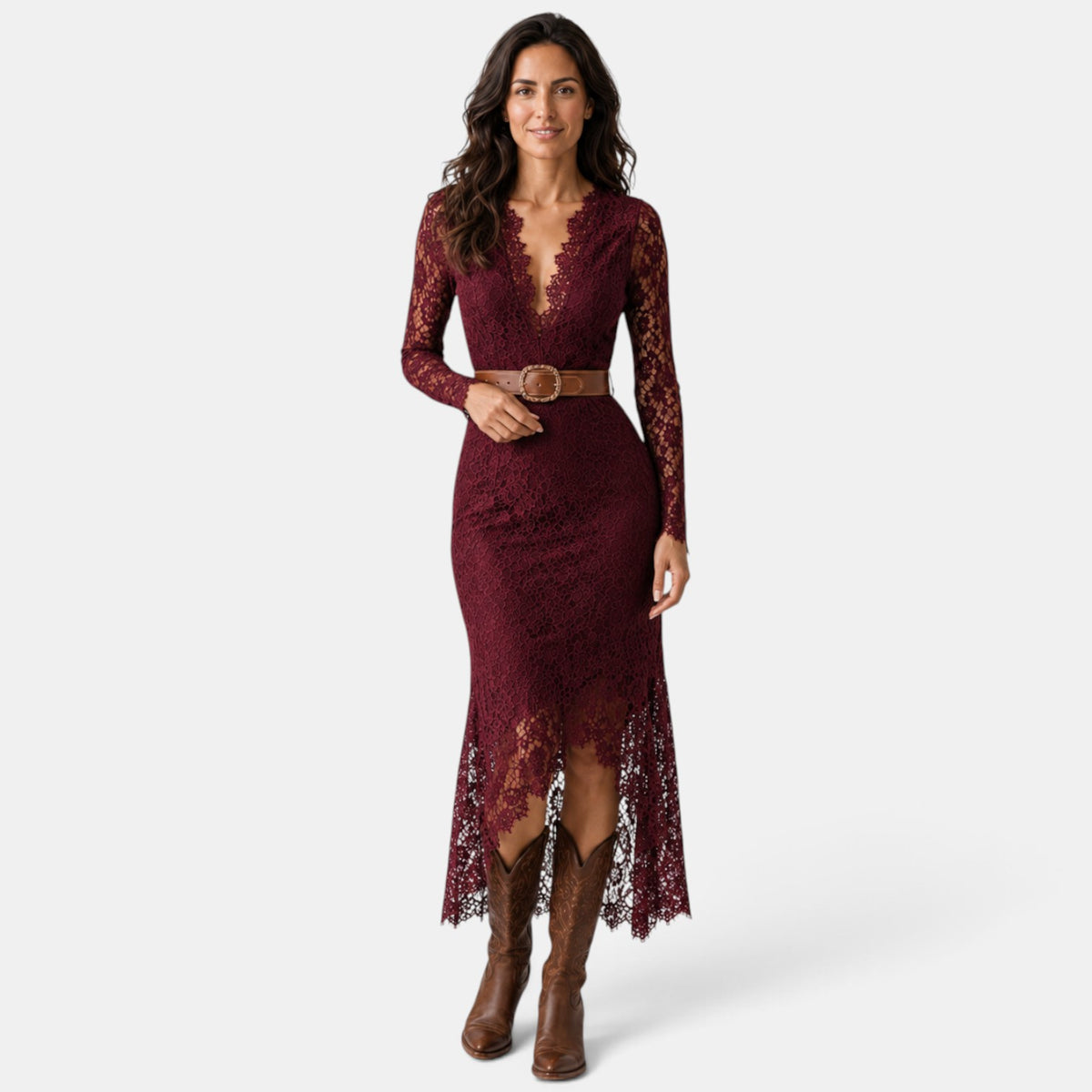 Vestido Invitada de Boda Midi Boho Manga Larga con Abertura