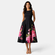 Vestido Invitada de Boda Negro Midi Floral Plisado